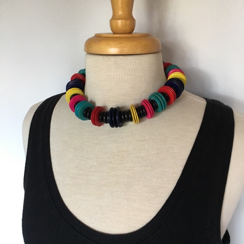 Colorful teal red magenta yellow black wooden bead necklace - Picture 2 of 10